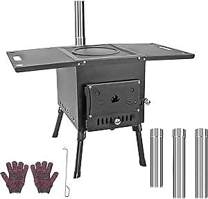 Camping Tent Stove Portable Outdoor Wood Burning Stove, Heating Burner Stove with Chimney Pipes and Side Racks, Multipurpose Camping Stove for Tent, Shelter, Travel Hiking, Heating and Cooking