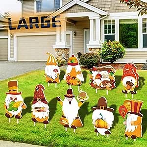 9Pcs Fall Yard Stakes Thanksgiving Outdoor Fall Yard Decorations, Cute Large Corrugate Yard Signs with Stakes, Fall Harvest Gnomes Turkey Maple Leaves Pumpkin Garden Sign for Autumn Porch Lawn Decor