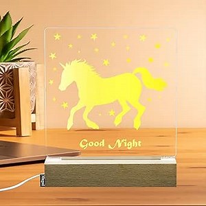 Mugod Novelty Night Lights Lamp Unicorn with Happy Birthday Make A Wish Shine Stars 3D Illusion Lamp Engraved Night Light LED Wooden Table Lamp for Boys Girls Teen