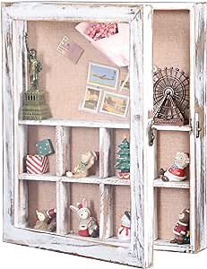 13x16 Large Shadow Box with Shelf, Deep Shadow Box Frame with Compartments, Rustic Wood Memory Display Box for Memorabilia Photos Awards Medals-White