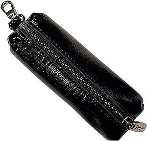 Real Leather Zipper Key Case - Handmade 100% Genuine Cow Leather Car Key Holder Bag Coin Purse Pocket Embossed Reptile Pattern - Black Lizard