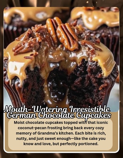 🧁 Mouth-Watering Irresistible German Chocolate Cupcakes (Rich, fudgy chocolate cupcakes topped with gooey coconut-pecan frosting and toasted nuts!) 🍫 Ingredients: For the cupcakes: 1 cup all-purpose flour 1/2 cup unsweetened cocoa powder 1 tsp baking soda 1/4 tsp salt 1/2 cup buttermilk 1/2 cup hot water 1/2 cup vegetable oil 2 large eggs 1 tsp vanilla extract 1 cup granulated sugar 1/2 cup mini chocolate chips (optional, but so good!) For the coconut-pecan frosting: 1/2 cup evaporated milk 1/