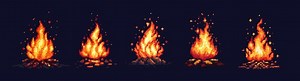 Premium Vector | Pixel art campfire Red bonfire fire wood burning with big flame and sparks on dark night background 8 bit pixel video game style vector isolated set