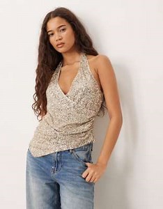 Gina Tricot sequin halterneck top in gold | ASOS