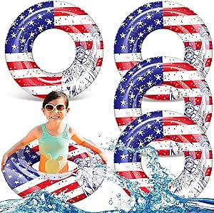 Wettarn 4 Pcs 24 Inch Patriotic Inflatable Pool Float with Confetti USA Flag Swim Tube 4th of July Tube Cool Pool Floaties Water Swimming Ring for Toys Beach Lake Water Sports