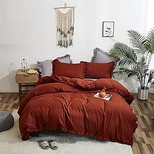 Pureant Rust Caramel Ruffle Comforter Sets Full Solid Burnt Orange Floral Lace Ruffle Bedding Comforters Cotton Women Girls Solid Terracotta Vintage Shabby Chic Quilts Plain Reddish Rustic Comforters