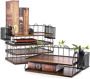 HOYRR Desk Organizer, Paper Tray, Stackable Letter Tray Organizer, For File Magazines Mail organizer, Wood Desk File Organizer with Pen Holder (2 Layer Black)