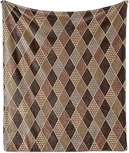 Ambesonne Earth Tones Throw Blanket, Lozenge Pattern in Patchwork Style Striped and Floral Rhombus Brown Shades, Flannel Fleece Accent Piece Soft Couch Cover for Adults, 60" x 80", Brown Yellow