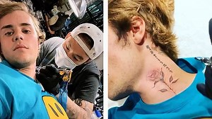 Justin Bieber gets a rose tattooed on his neck by artist Dr. Woo