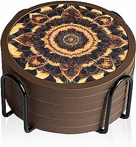 Absorbent Coasters for Drinks with Holder - 6packs, Silicone Coaster with Soft Felt Insert (4.3 inch Coasters with 4.5 inch Holder, Dual-Sided Mandala -Themed Patterns)