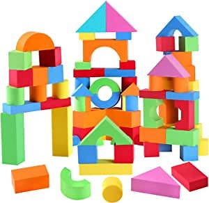 BAMMAX Foam Building Blocks, 61 Piece Soft EVA Foam Blocks Building Toys for Toddlers, Colorful Educational Stacking Blocks Play Set for Girls and Boys Over 3 Year Old, Non Toxic, BPA Free