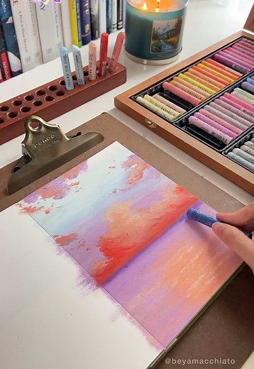 Oil Pastel Art: Sunset with Purple Skies and Salmon Clouds