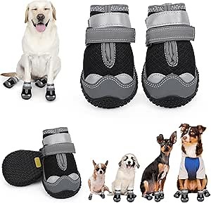 Dog Shoes for Hot Pavement,Dog Boots & Paw Protectors for Large Medium Size Dogs to Prevent Licking,Dog Booties with Reflective for Outdoor,Hiking,Hardwood Floors,Winter Snow(Black Grey,Size1)