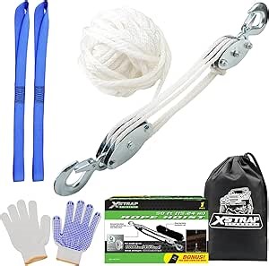 XSTRAP STANDARD Rope Hoist Pulley System, 1000LB Block and Tackle, 5:1 Lifting Power 50ft Heavy Duty Pulley Block for Hunting Lifting Heavy Objects with Anti-Slip Work Gloves, 2pcs Soft Loops, White