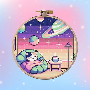 Galactic Cat Cross Stitch Pattern PDF - Cozy Cat Enjoying Sunset in Space, Celestial Galactic Starry Elements With Chromatic Vibrant Colours - Etsy
