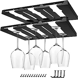 Wine Glass Rack, 2 Pack Under Cabinet Stemware Wine Glasses Holder, Metal Wine Glass Holder Shelf with 4 Mug Hooks Wine Glasses Storage Hanger for Kitchen Bar Restaurant, Black 3 Rows