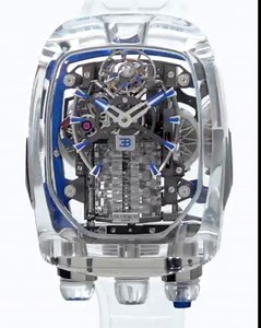 The transparent case of the Bugatti Chiron Sapphire Crystal provides an unparalleled view of the fully functional replica of the Bugatti W16 engine with its pistons pumping and two turbochargers spinning. This clarity is the result of hand polishing, which is the final task of a long and complex process that took upwards of 120 hours to complete. This same delicate hand polishing is used for the caseback, the top, the three crowns and other pieces that are attached to the case. Every shape of ev