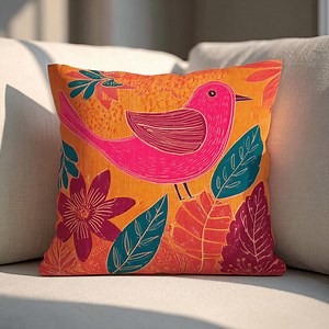 Pink and Orange Bird Pillow, Folk Art Linocut Style Cushion, Vibrant Tropical Decor, Boho Living Room Accent, Summer Home Gift, Gift for Her - Etsy Australia
