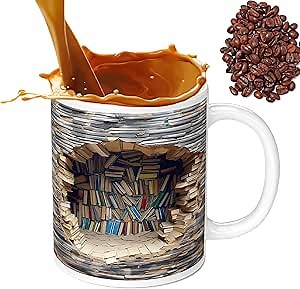 3D Bookshelf Coffee Mug - A Library Shelf Cup 11 Oz - Librarian Multi-Purpose Ceramic Mug for Book Lovers