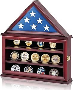 GALUMO Flag Display Case 3*5ft with Coin Storage Boxes, Cherry Wood, Wall Mount, Lockable Door, Clear Glass, Certificate Holder