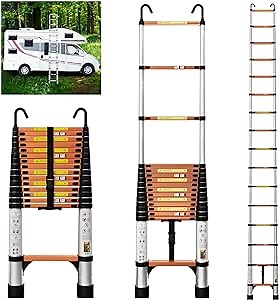 EvaStar 15.5FT Telescoping Ladder, Aluminum Lightweight Extension Ladder w/Hooks & Stabilizers, 330lbs Capacity Collapsible Ladders, Extension Telescopic Ladder for Home, Outdoor, RV-Orange&Silver