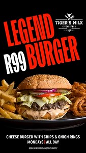 Ready to take on the legendary burger? 🍔🔥 Get your hands on this epic bite at Tigers Milk for just R99 ! @tigersmilza #TigersMilkUmhlanga #TigersMilk #OceansMall #Umhlanga #Foodies | Oceans Mall