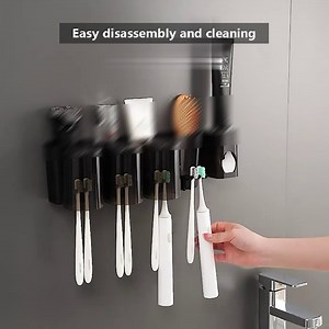 Toothbrush Holder Wall Mounted, Automatic Toothpaste Dispenser Squeezer Kit with Toothbrush Cup,Tray Bathroom Toothbrush Toothpaste Dispenser (M, Black)