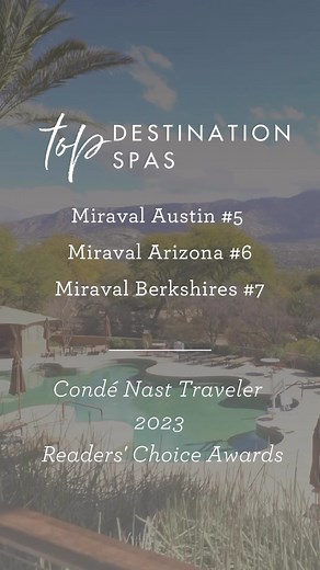 We are excited to announce that Miraval Austin placed 5th Miraval Arizona placed 6th, and Miraval Berkshires placed 7th in the @cntraveler 2023 Readers’ Choice Awards for Top Destination Spa Resorts in the United States category. We are deeply grateful for the support of our guests and our community, and we are honored to continue our ongoing purpose of bringing imagination, authenticity, and to wellness. 💛 Click the link in bio to read more! #RCA2023 #miravalresorts #miravalarizona #miravalaus