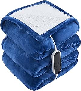 Heated Blanket Twin Size, Dual Control Electric Throw Blanket with 10 Heating Levels, 5 Auto Shut Off Levels，Warm Soft Flannel Machine Washable Fast Heating Electric Throw, Navyblue