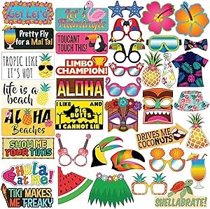 Luau Party Photo Prop Set - 40 pcs - Hawaii - Aloha -Tropical - Tiki - Summer Themed Beach and Pool Party Decoration, Favors & Supplies