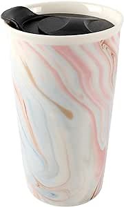 SanFeng Ceramic Travel Mug Double Wall Insulated Coffee Cups Splash Proof Mug Lid 12 oz made of Eco-friendly Material, Suitable for both Hot and Cold Beverage Coffee Tumbler (White)