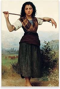 William Adolphe Bouguereau Art Canvas - The Little Shepherdessprint Print Poster - Famous Oil Painting Reproductions Girl Portrait Vintage Picture Wall Art for Living Room Home Wall Decor Unframed(The