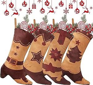 Poen 4 Pcs 18.5 Inch Christmas Cowboy Boot Stocking Beige and Brown Corduroy Cowboy Boot Christmas Stocking Bulk with Hanging Loop Western Decoration for Tree Gift Candy, 4 Styles
