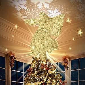 Christmas Tree Topper,10.8" Angel Christmas Tree Topper with 3D LED Rotating Projector Xmas Tree Toppers Plug in Christmas Tree Ornament for Christmas Decoration Indoor