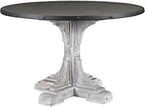 Benjara Rivets Round Metal Top Dining Table with Pedestal Base, Brown and Gray