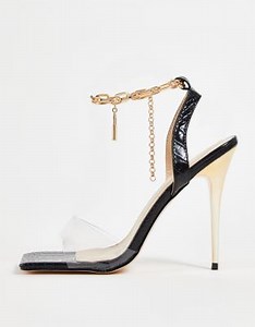 Public Desire Superior lock chain detail ankle strap stiletto heeled sandals in black croc PU | ASOS