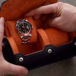 DailyWatch | Personalized Watch Roll Travel Case For 2 Watches - Handmade Genuine Leather Travel Case With Custom Engraving of Name or Initials - Black Orange