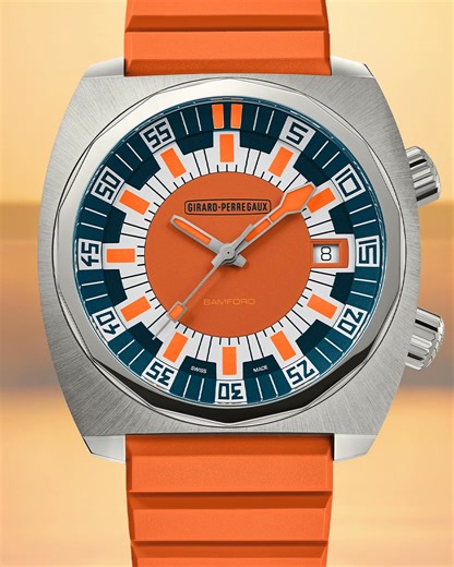 Spotlight on the Deep Diver, delivered with a blue rubber strap and an additional orange one, both equipped with a quick-release system — ready to adapt, designed to match your style. #GirardPerregaux #DeepDiver #LegacyEditions @bamfordwatchdepartment | Girard-Perregaux