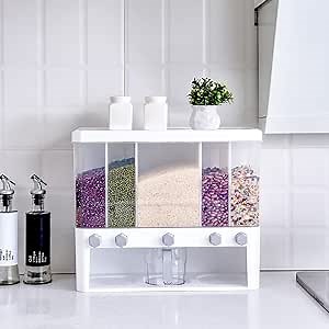 5 In1Rice Dispenser-Dry Food Dispenser-Cereal Dispenser-22lb Kitchen Wall Mounted Cereal Storage Container with Lid,One-Click Output Rice Dispenser for Convenient Storage of Rice Nuts Beans Cereals