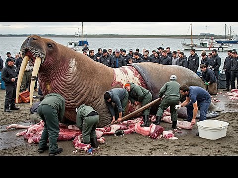 Hunting and Butchering Giant Walrus, Close up of Walrus Hunting in the Ice Sea!
