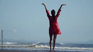 Rear view of sensuality woman standing ankle deep in water breaking wave on beach of Pacific Ocean. Full length model wearing summer polka dot baby doll dress, arms raised. Slow motion, cinematic shot