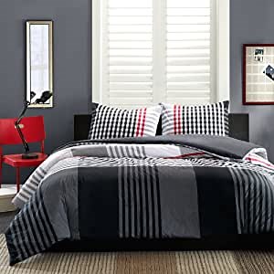 Ink+Ivy Blake Teen Boys Duvet Cover Full/Queen Size - Black, Red , Plaid – 3 Piece Teen Boy Bedding – 100% Cotton Lightweight Duvet Cover Set