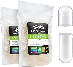 Separated Size 00 Vegetarian & Vegan Clear Empty Capsules - 1000 Count and Compatible with Capsule Filling Machine - Fillable with Powders of Your Choice