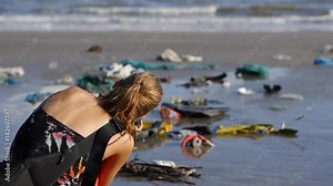Close up of young girl taking photoes of trash and rubbish on sand of seashore on sea background. Environmental problem on beach