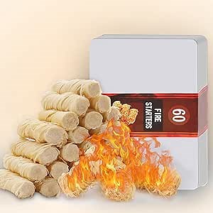 60 pcs Charcoal Starters Fire Starter for Fireplace, Pellet Stove, Wood, Campfires, BBQ, Pizza Oven, Fire Pit Natural Fire Starters with Aluminum Box Protection for Grill Smoker