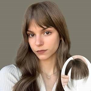 Clip in Bangs 100% Real Human Hair Wispy Bangs Clip in Hair Extensions Fake Bangs 360° Cover Clip in Full Fringe French Air Bangs Hairpieces for woman Curved Bangs for Daily Wear(Medium Auburn Brown)