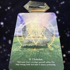 Today’s card is “Merkabah.” Open your heart, envelope yourself within this huge energy field, feel what it shares profoundly. Avebury’s stone circle is believed to encode sacred geometric patterns, including the Merkabah—a star tetrahedron (two interlocking pyramids). The Merkabah represents light-body activation, spiritual transformation, and interdimensional travel. It is believed that walking within Avebury’s stones can activate the Merkabah energy field within the human body. Spend some time