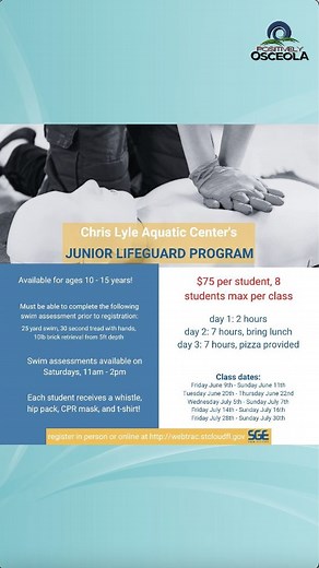 Junior Lifeguard Training Program for ages 10 thru 15 begins June 9th. Each session is held over 3 days ending on July 30th. Classes are filling up! #lifeguardtraining #StCloudNews City of St. Cloud, Florida | Positively Osceola