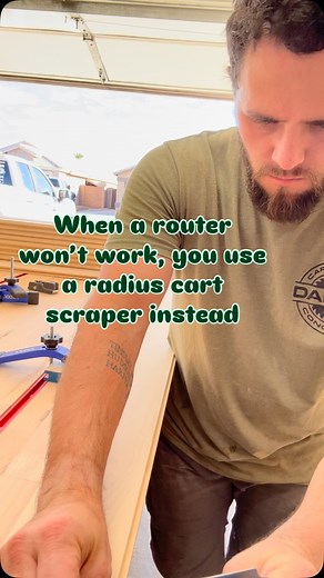 When your router taps out, the radius card scraper steps in! 🔄✨ Some grain just won’t cooperate with a router bit, but a good card scraper glides through like a pro—no tear-out, no drama. Smooth curves, crisp edges, and total control in the palm of your hand! #ScrapeTheDay #NoRouterNoProblem #WoodworkingWisdom | Ryan Scott Daines