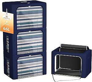 66L Large Capacity Clothes Storage Bag Organizer 3 Pack with Fiberglass Frame Oxford Fabric for Comforters, Blankets, Quilt, Stackable Foldable Closet Storage Containers with Zipper, Clear Window